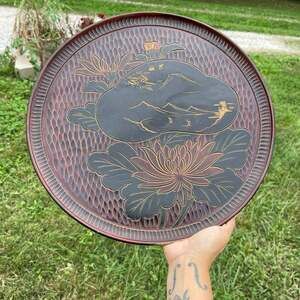 Vintage Asian Lacquerware Wood Tray 14" Floral Mountain Scene Red Black Gold